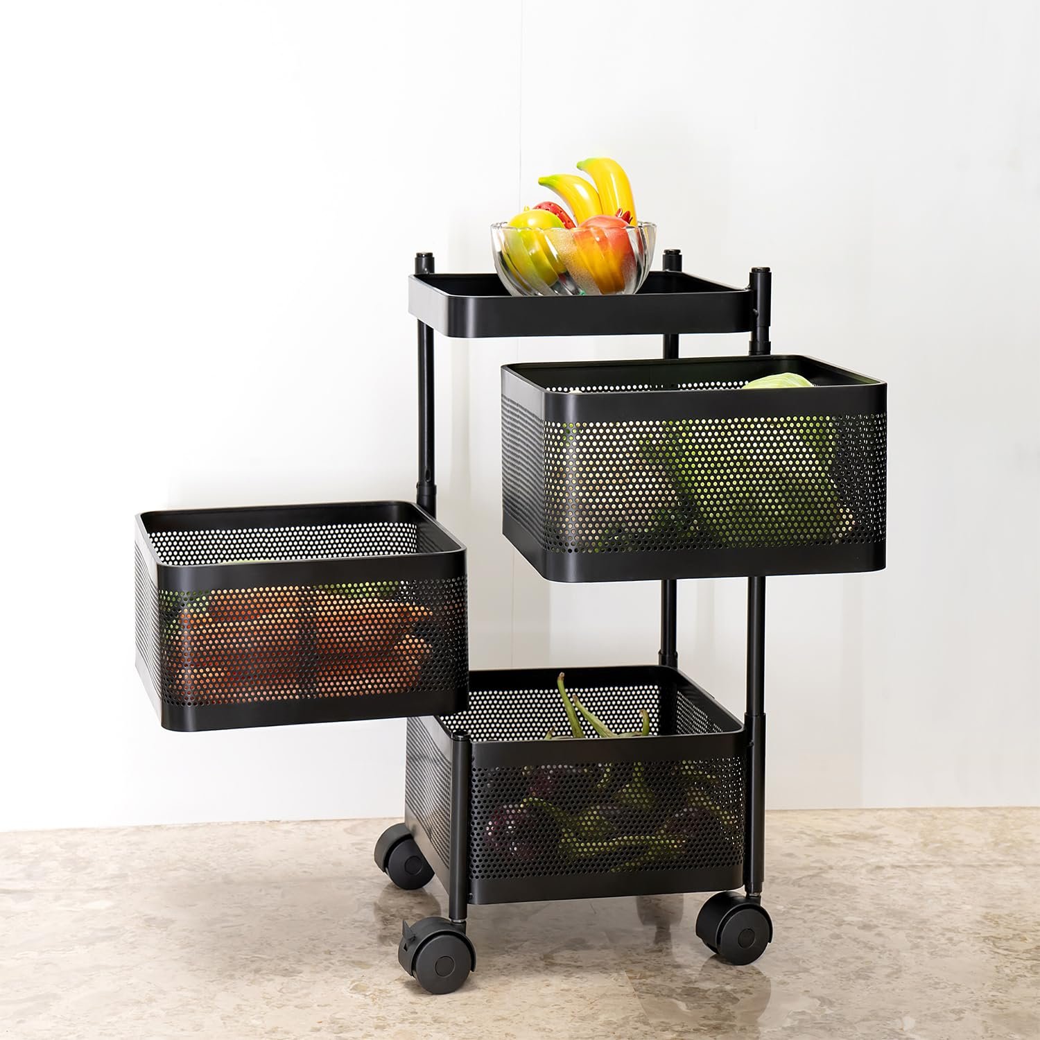Square Multi-Purpose Rotatable Trolley Storage Organizer Kitchen Storage Rack Design Fruits & Vegetable Onion Cutlery Dish Rack (Matt Black, Round - 3 Layer)